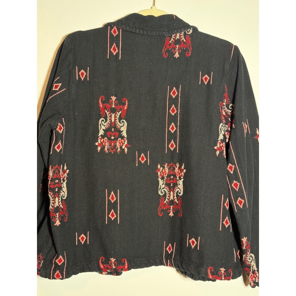 Chicos Design Black Red Ikat Embroidered Button Front Jacket Cotton Blend Size 1 - Picture 10 of 10